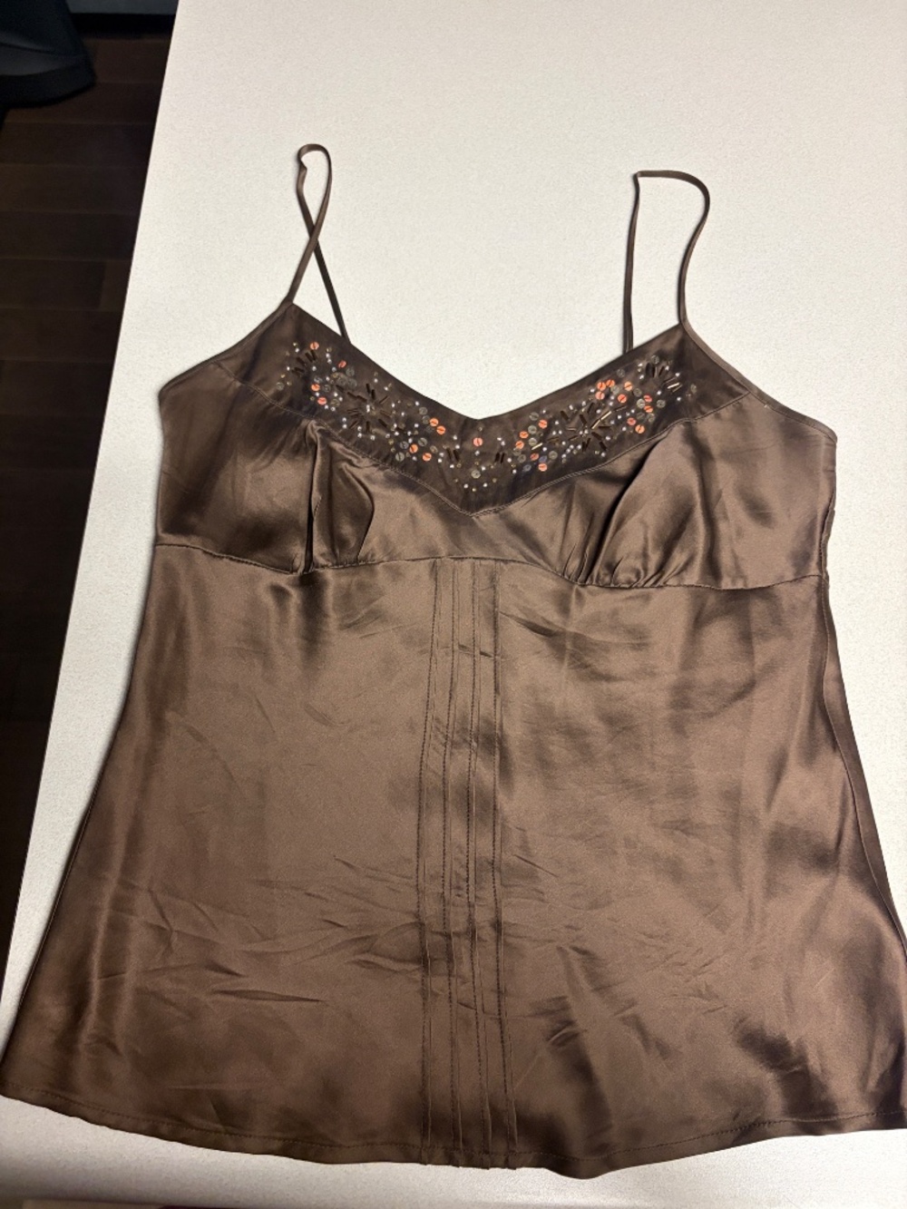 Jacob Connexion Brown Silk Beaded & Sequin Spaghetti Strap Camisole Size Medium - Picture 4 of 8